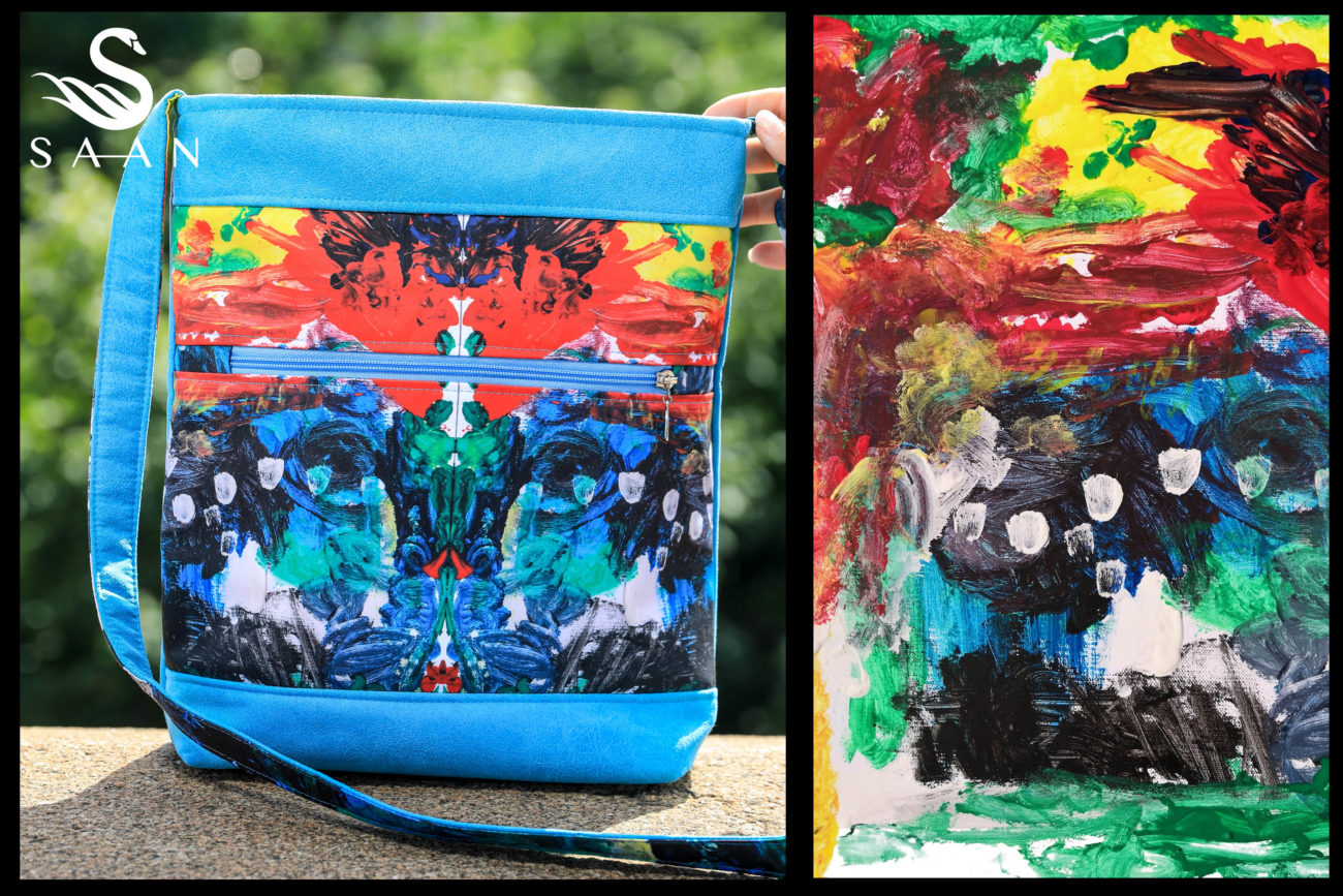kabelka s farebnou abstraktnou kresbou podľa detského obrázku